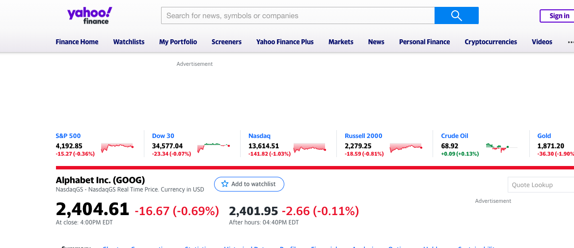 Example Google Yahoo Finance
